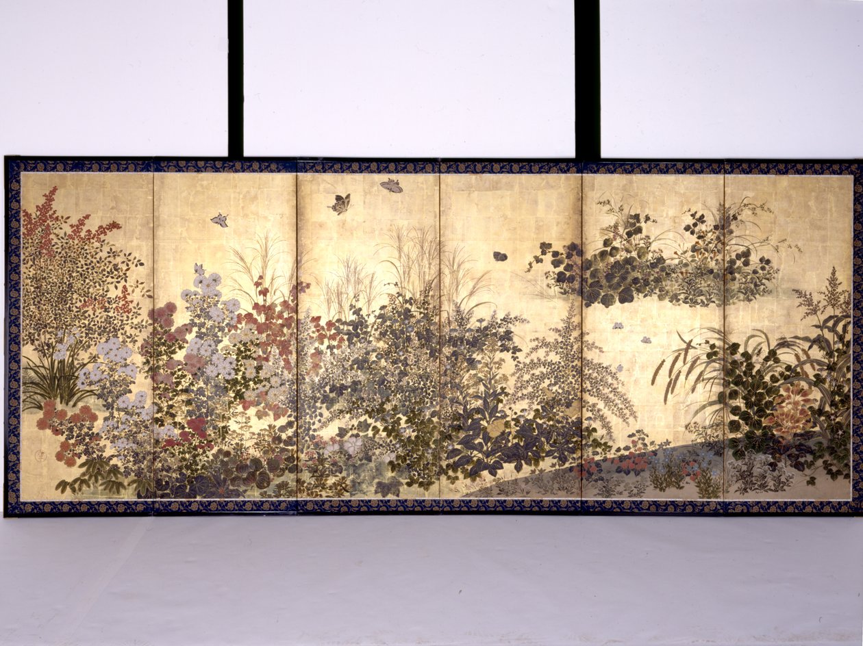 Blommor och fjärilar (bläck, färg och bladguld på papper) av Tawaraya Sotatsu
