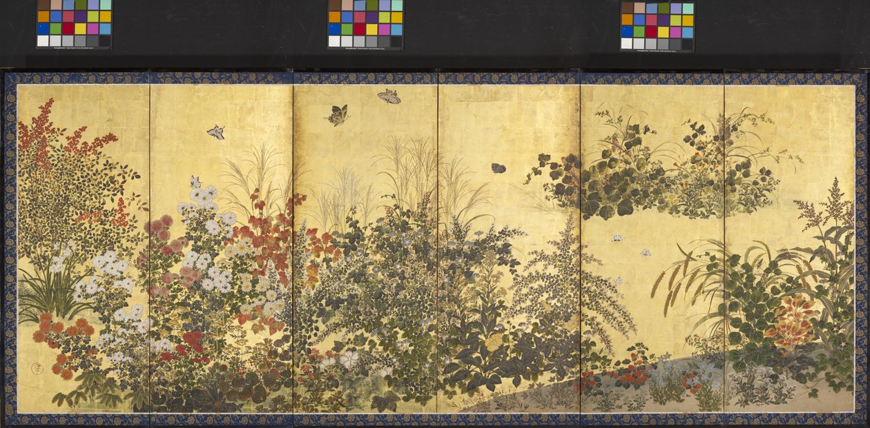 Blommor och fjärilar (bläck, färg och bladguld på papper) av Tawaraya Sotatsu
