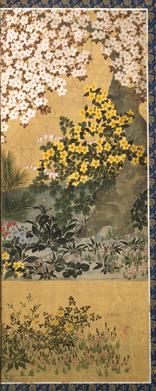 Blommor och fjärilar (bläck, färg och bladguld på papper) av Tawaraya Sotatsu