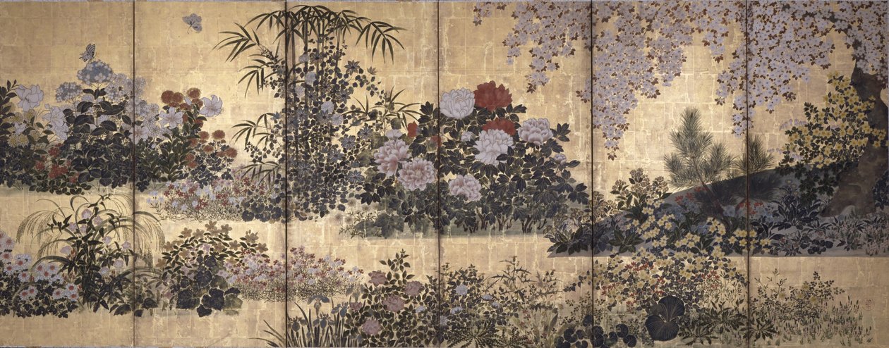 Blommor och fjärilar (bläck, färg & bladguld på papper) av Tawaraya Sotatsu