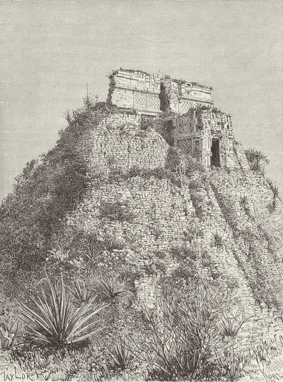 Dvärghuset i Uxmal, från The Ancient Cities of the New World, av Claude-Joseph-Desire Charnay, graverad av A. Kohl, pub. 1887 av Taylor after Taylor after