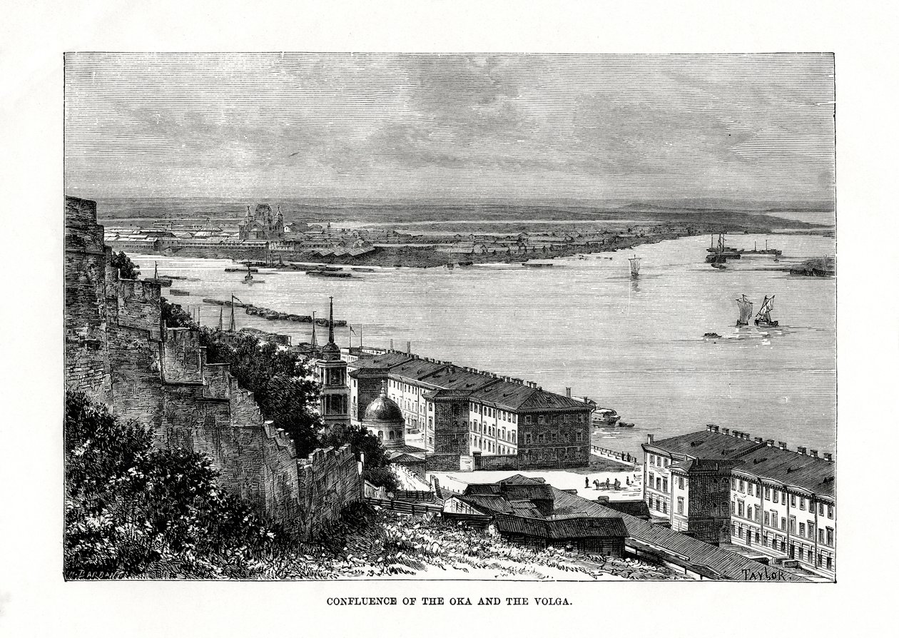 Sammanflödet av Oka och Volga, Ryssland, 1879 av Taylor