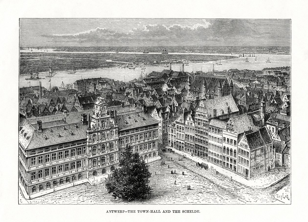 Rådhuset och floden Schelde, Antwerpen, Belgien, 1879 av Taylor