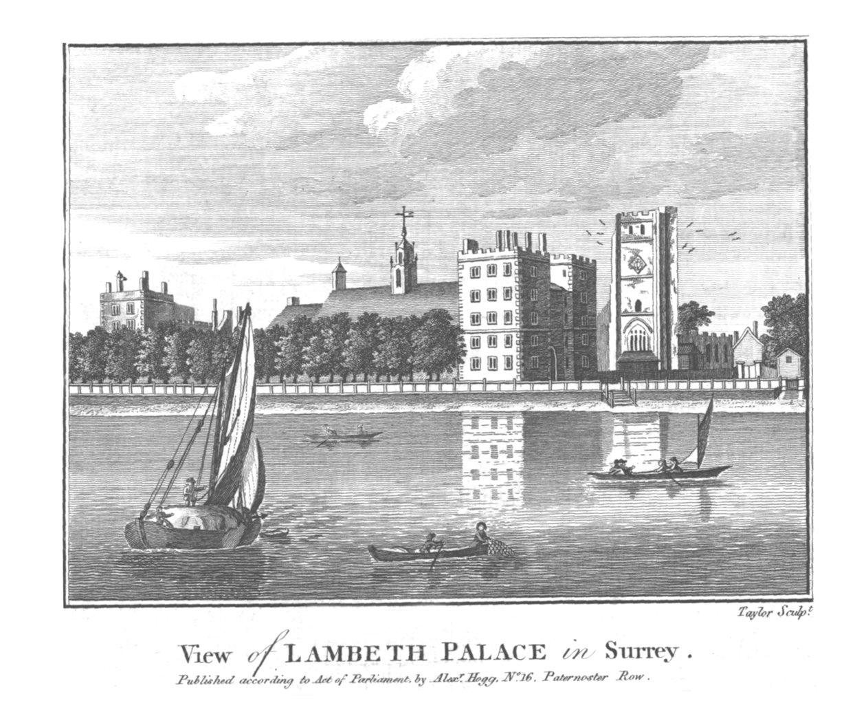 Utsikt över Lambeth Palace i Surrey., sent 1700-tal av Taylor