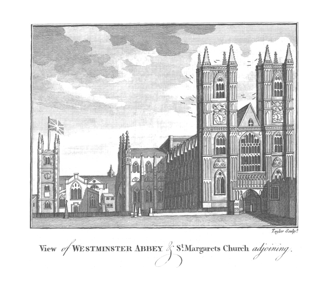 Utsikt över Westminster Abbey och St.Margarets Church i anslutning., sent 1700-tidigt 1800-tal av Taylor