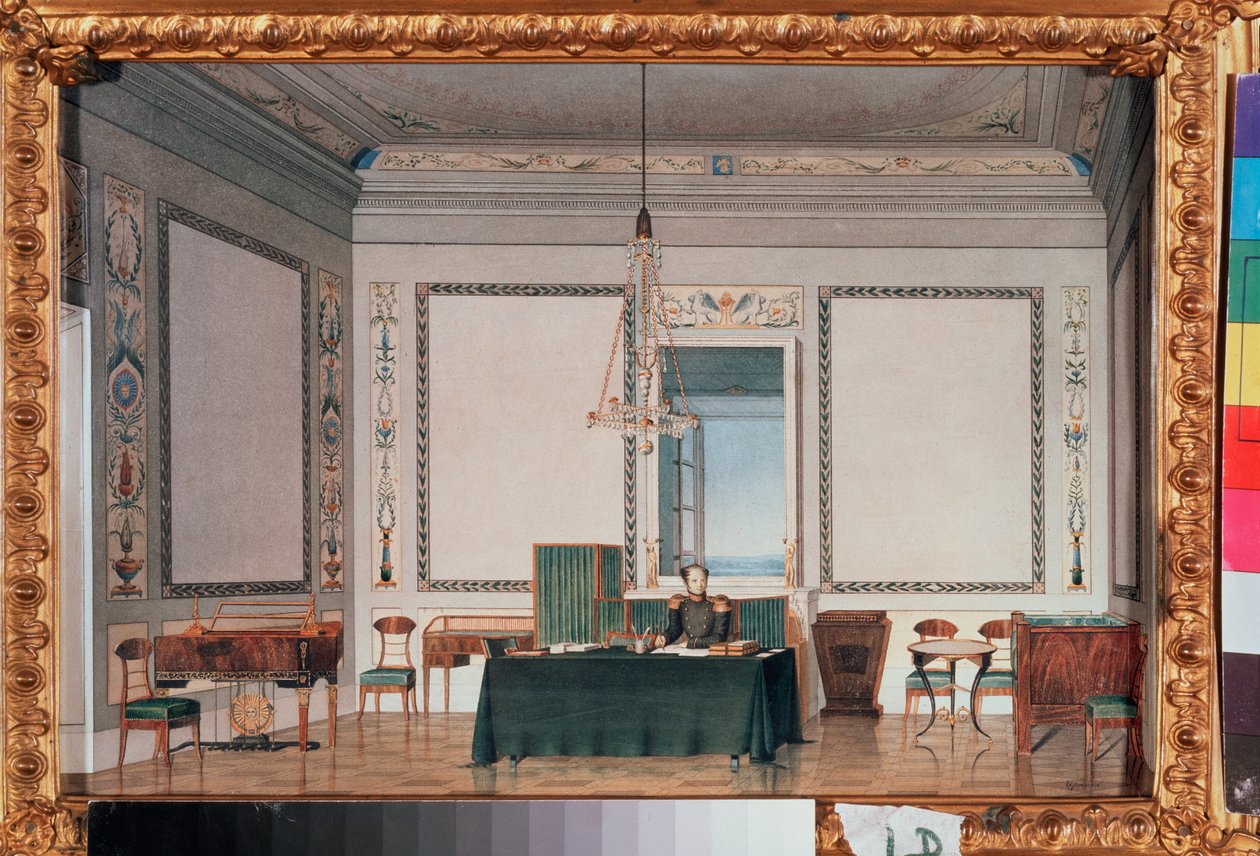 Kejsar Alexander I (1777-1825) i sitt arbetsrum i Vinterpalatset (Sankt Petersburg) - Kejsar Alexander I i sitt Studierum i Vinterpalatset - Verk av Chernik, akvarell på papper av Tchernik Tchernik