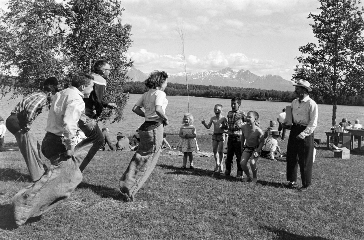 Spel under picknick vid Matanuska River i Palmer, Alaska av Ted Spiegel