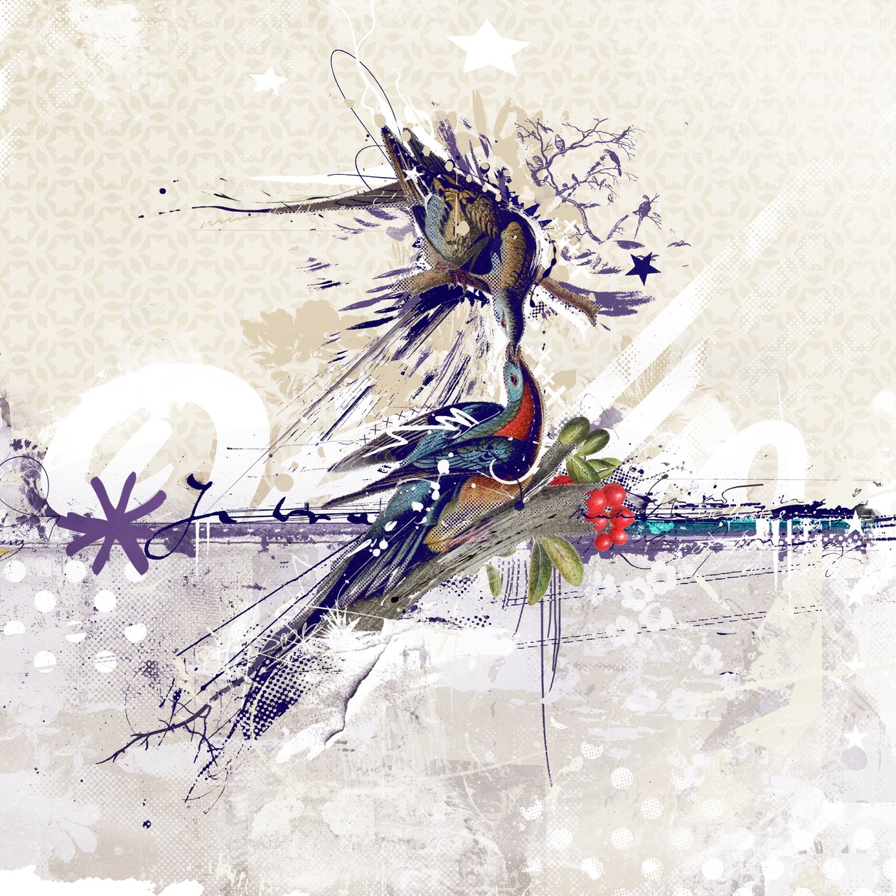 Cherry Blossom Birds, 2018 (Collage på duk) av Teis Albers