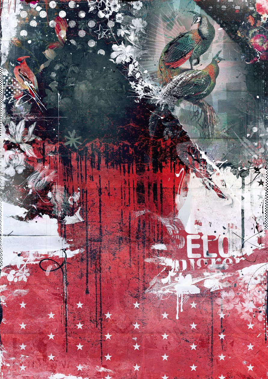 Påfåglar i ett träd, 2016 (Collage på duk) av Teis Albers