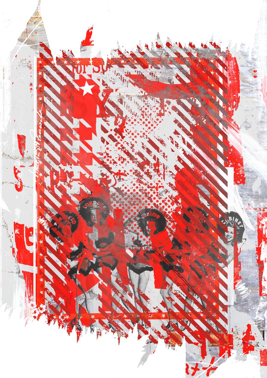 Tracy och hennes vänner, 2015 (Collage på duk) av Teis Albers