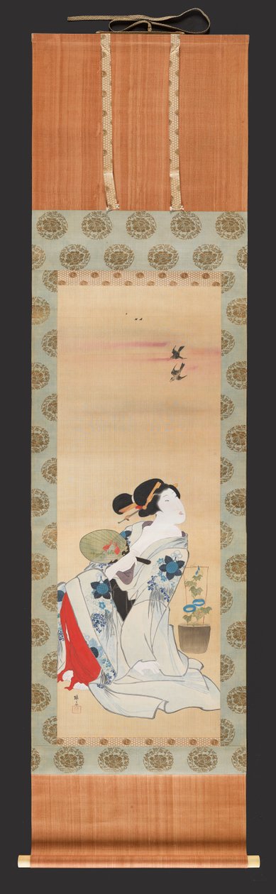 Skönhet som håller en fläkt bredvid en kruka of Morning Glory, ca 1830-44 (bläck och färg på siden) av Teisai Hokuba