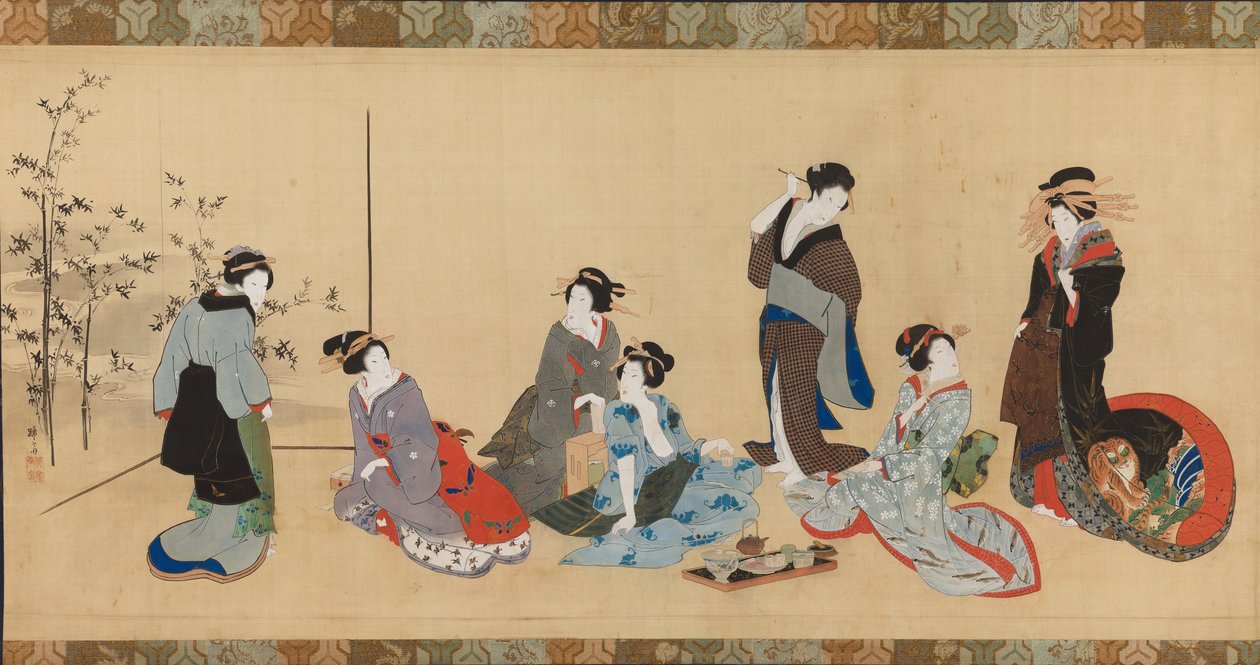 Kvinnlig parodi på de sju filosoferna i bambuskogen Detalj av Teisai Hokuba