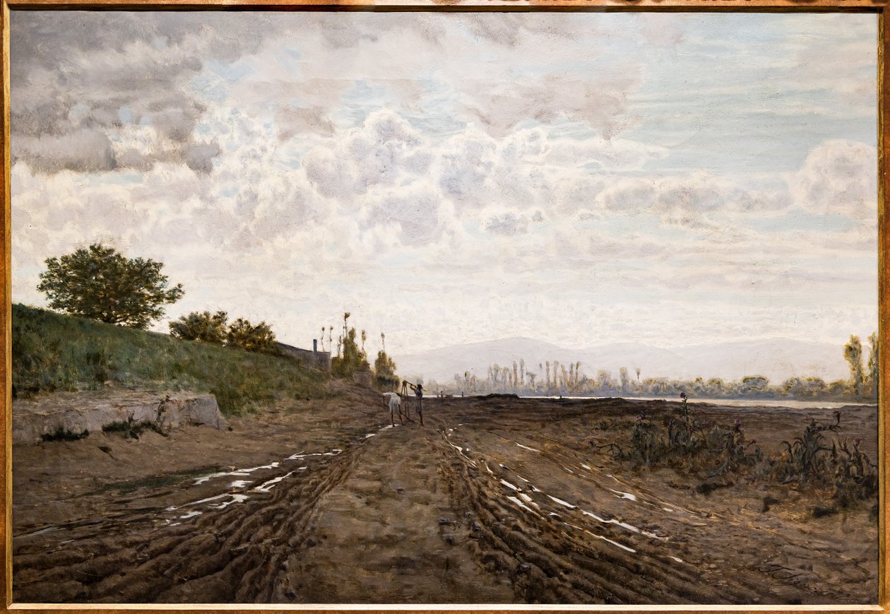En morgon längs floden Arno. Sandgrävare längs Arno, ca 1868 (olja på duk) av Telemaco Signorini