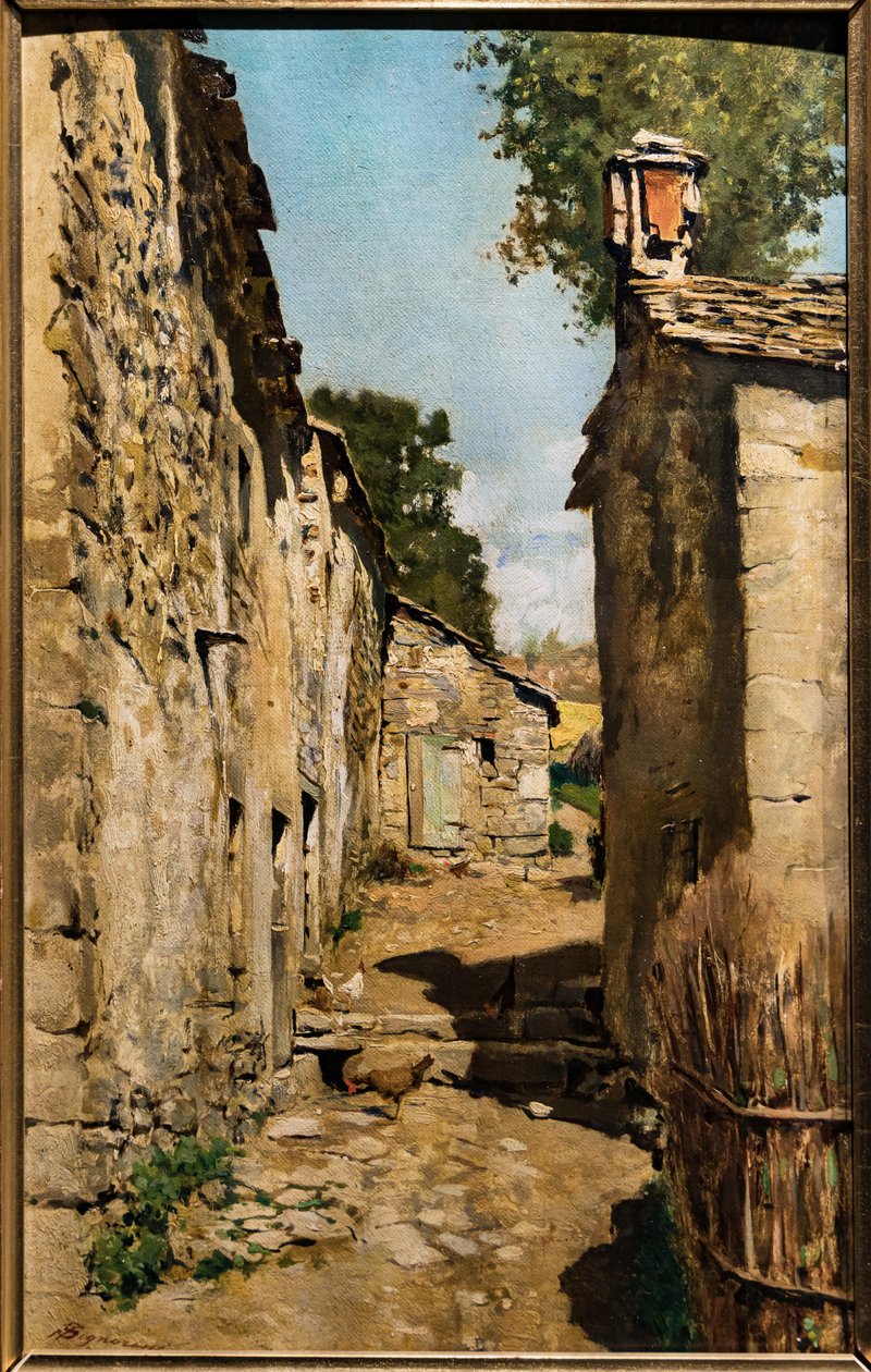 Gårdsbyggnad i Settignano, ca 1862 (olja på duk applicerad på en panel) av Telemaco Signorini