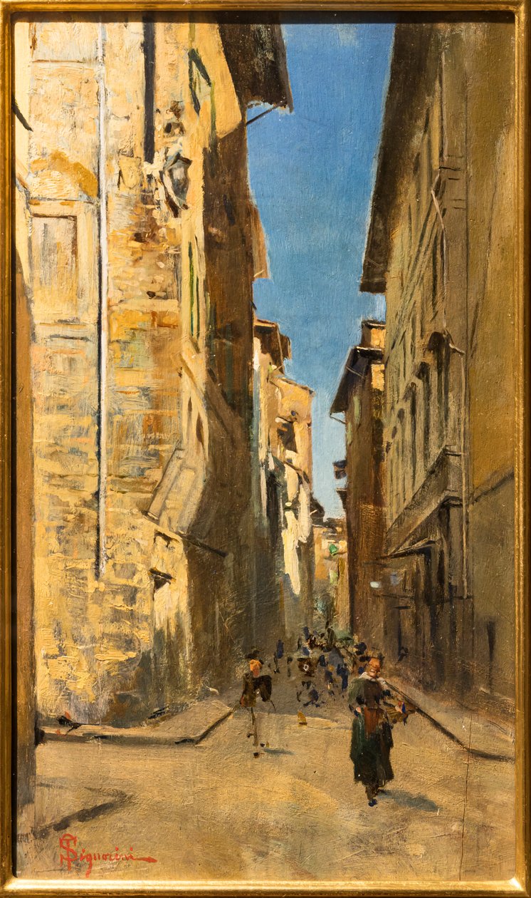 Delvis utsikt över en gata i Florens historiska centrum, ca 1880 (olja på panel) av Telemaco Signorini