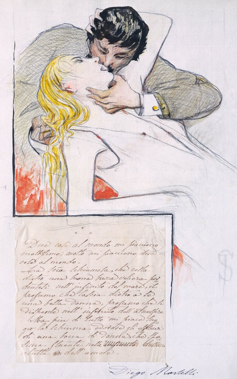 Kyssen, av Telemaco Signorini (1835-1901) (teckning) av Telemaco Signorini