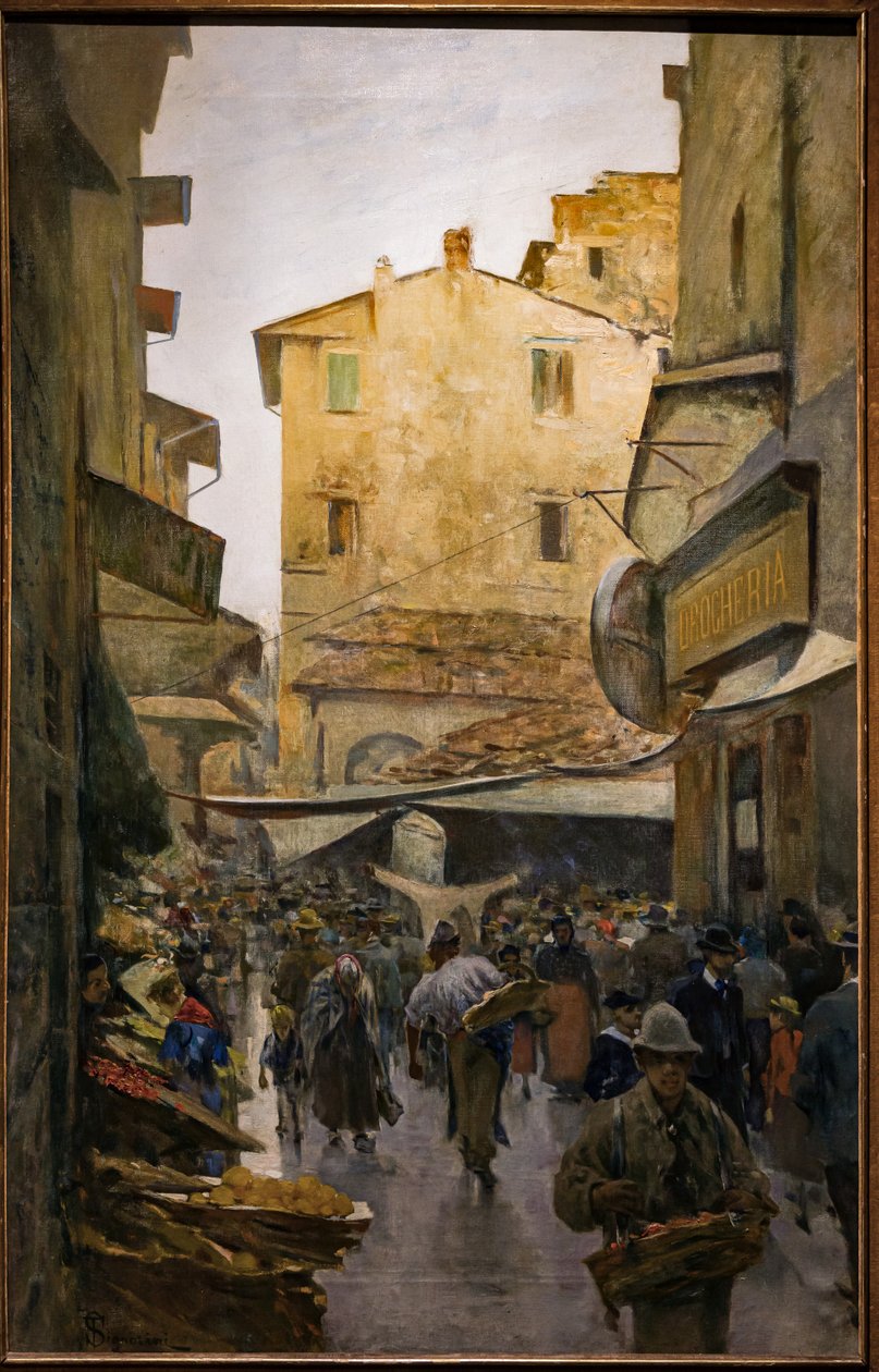 Den gamla marknaden från Degli Speziali Street, ca 1882 (olja på duk) av Telemaco Signorini