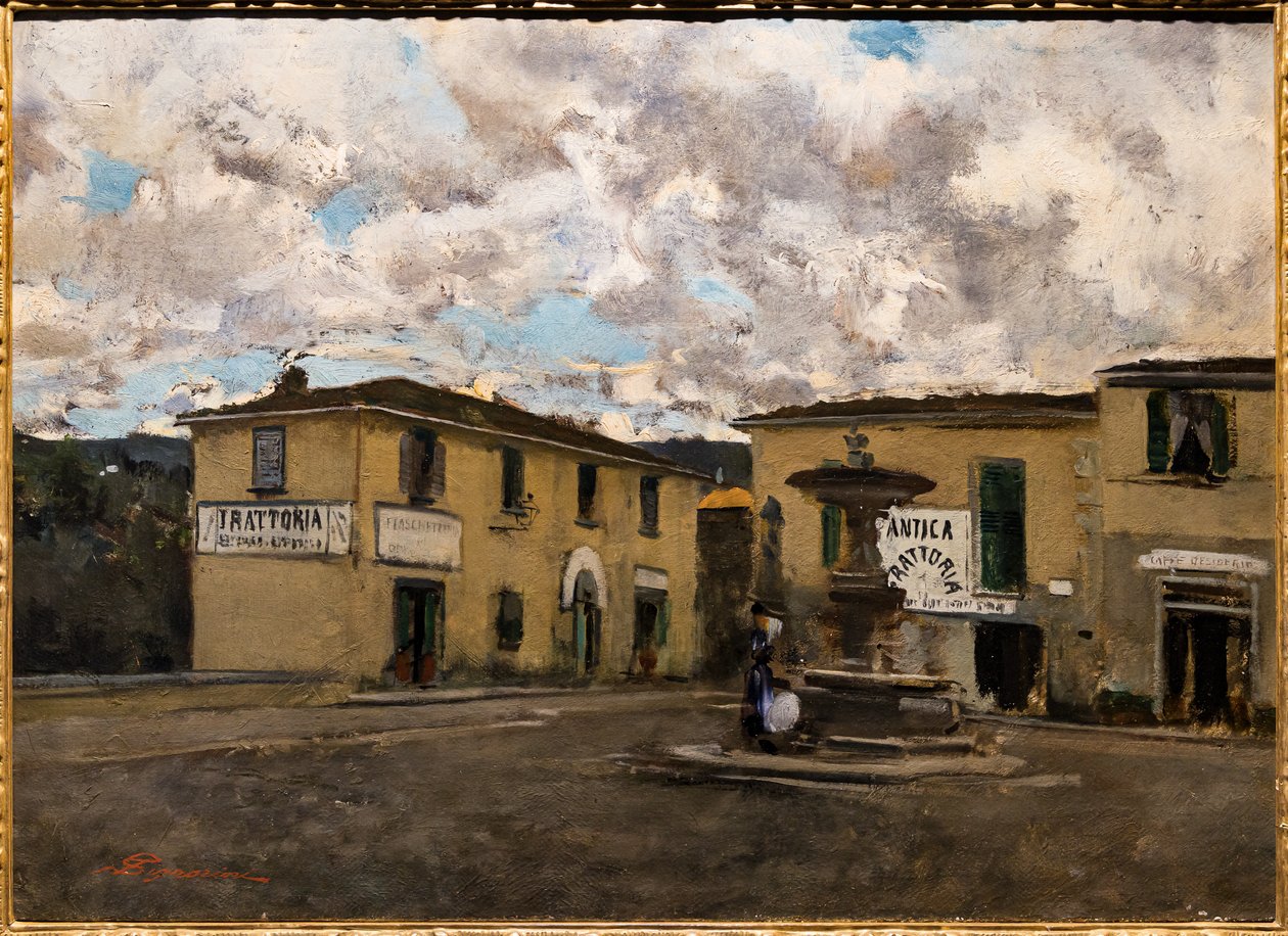 Det lilla torget i Settignano i en regnig dag, ca 1861 (olja på duk) av Telemaco Signorini