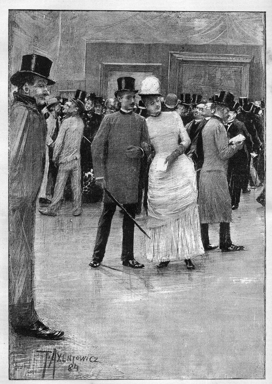 Besökare på utställningen av teckningar av Ecole Moderne på Ecole des Beaux Arts i Paris. Teckning av herr Axentowicz. Gravyr i "" Le Monde Illustré"" av Teodor Axentowicz