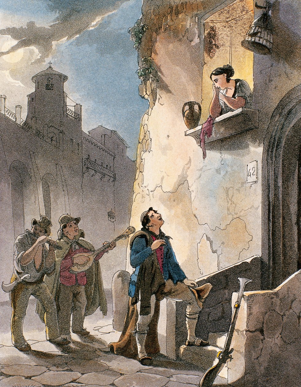 Serenad, illustration från kostymer och populära scener i Neapel av Achille Vianelli, ca 1830 (akvatint) av Teodoro Guglielmo Witting