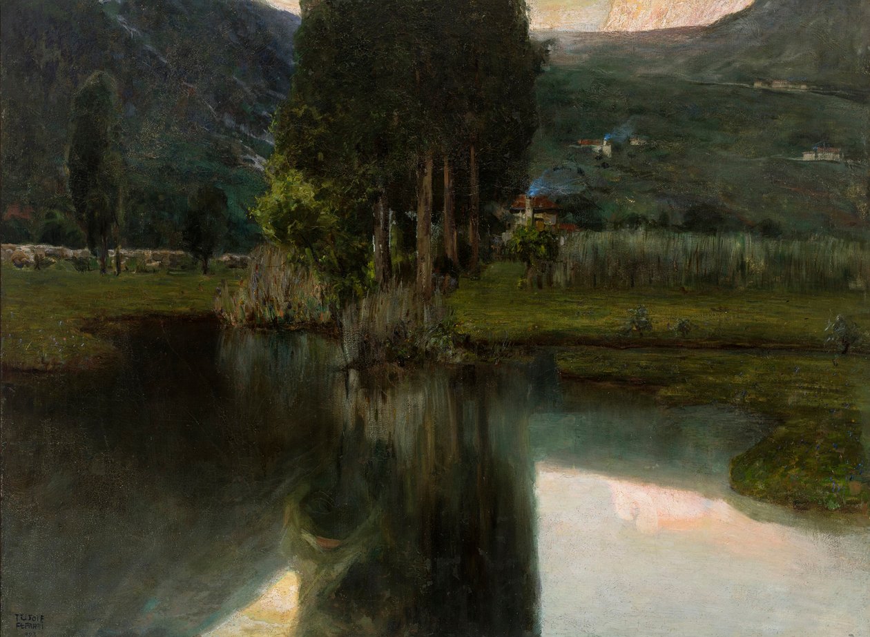 Sjön med cypresser och hus, 1923. av Teodoro Wolf Ferrari