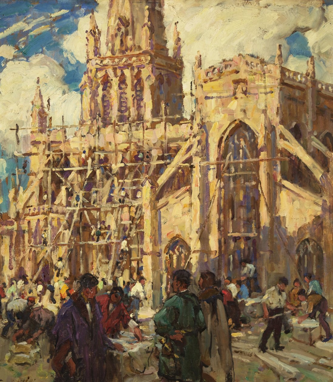 The Rebuilding of St Mary Redcliffe, c.1920 (olja på kartong) av Terrick Williams