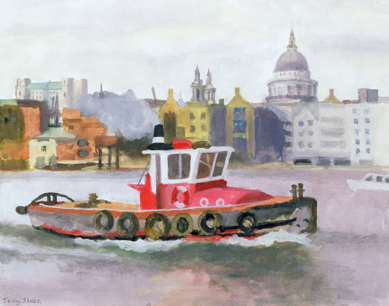 Red Tug passerar St. Pauls, 1996 (wc und gouache på papper) av Terry Scales
