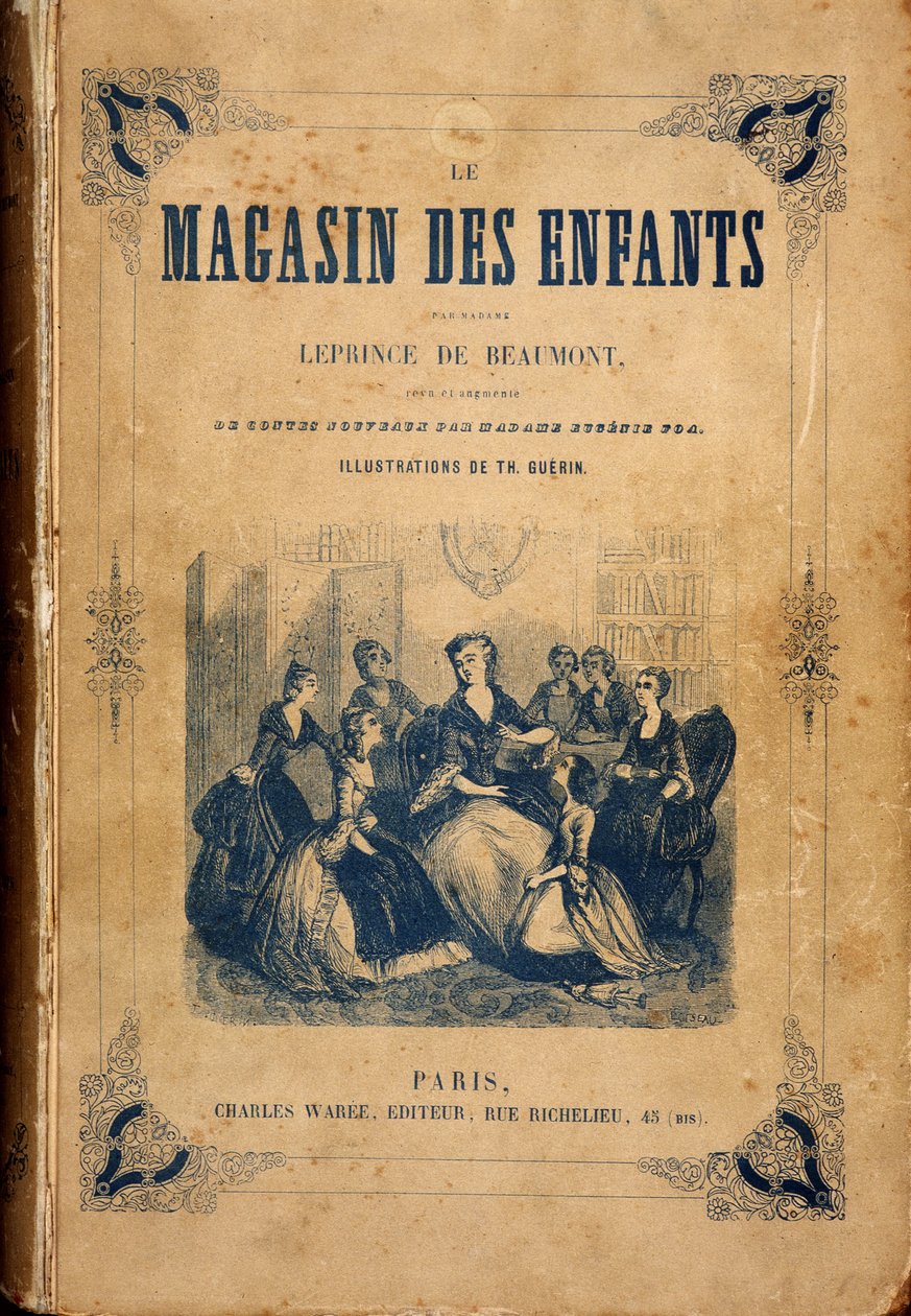 Hushållerska omgiven av unga flickor - i "" Barnaffären"" av Mme Leprince de Beaumont, ill. Guerin, Waree av Th. (after) Guerin