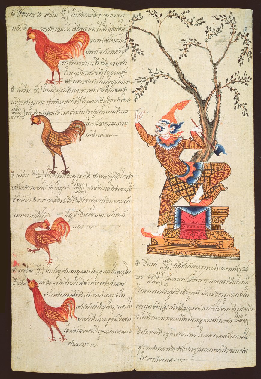 CBL Thi 1302 Två sidor som illustrerar tuppens år, från en spåmanual, ca 1840 (penna & bläck och gouache på khoi-papper) av Thai School