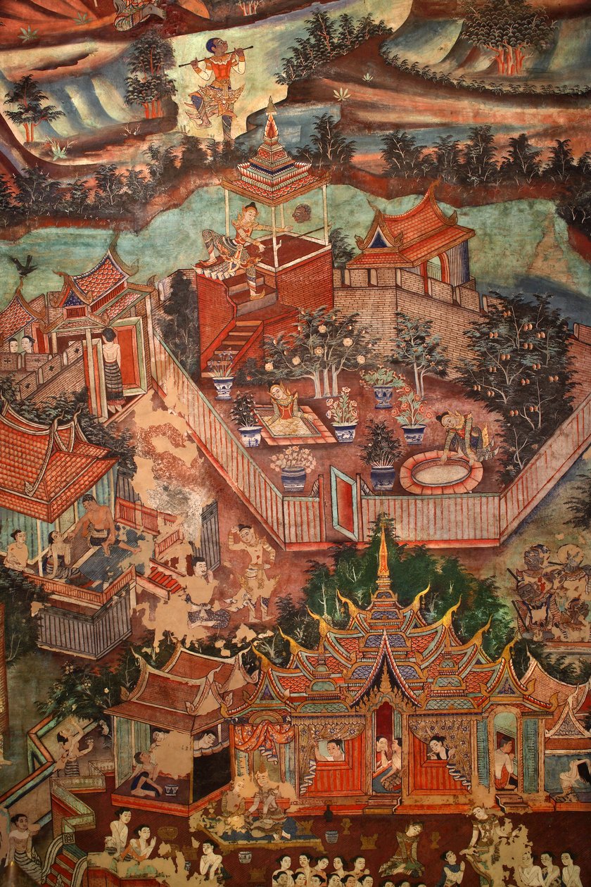 Detalj av väggmålningarna av Viharn laikam som porträtterar Sang Thong Tales av Thai School