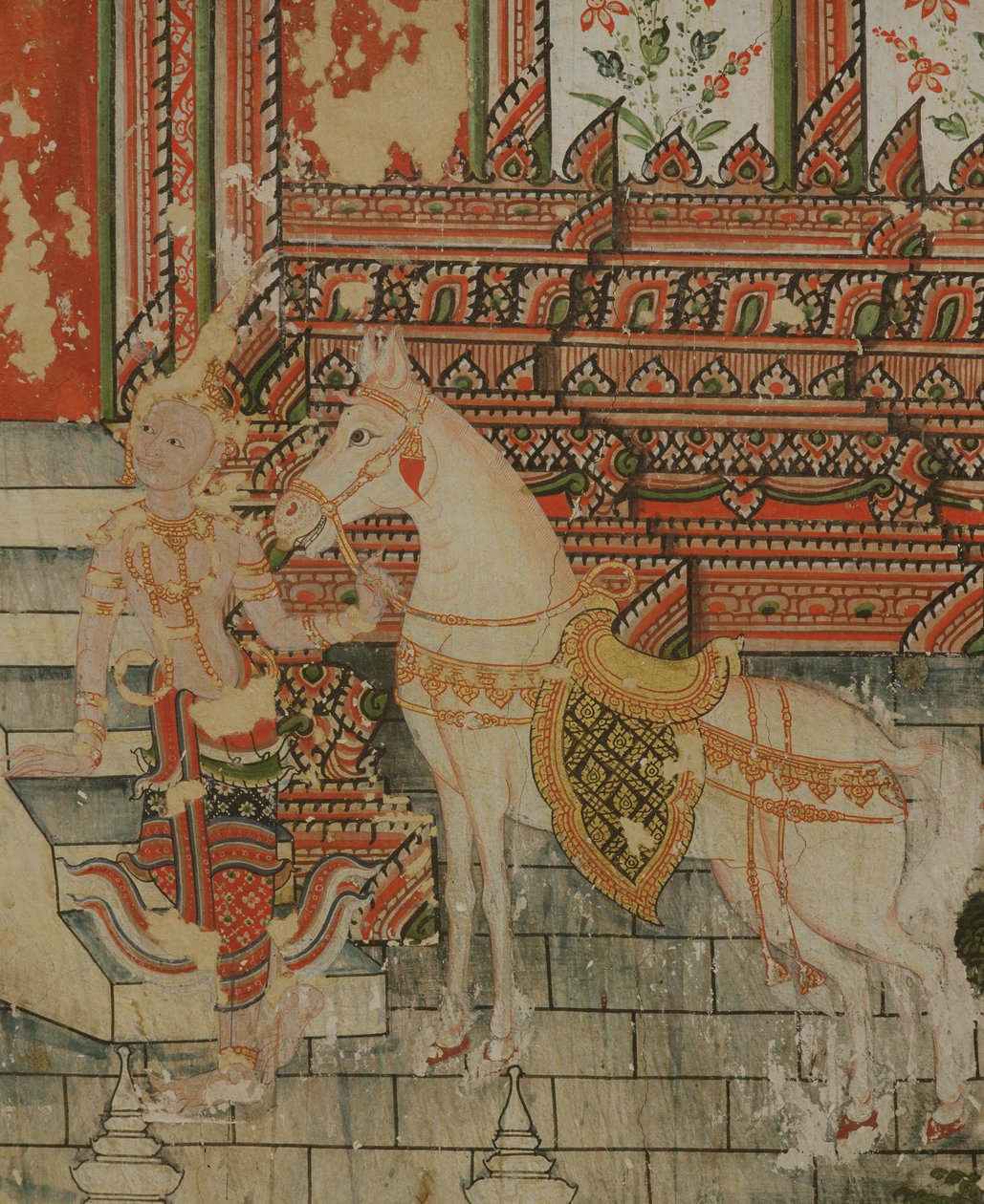 Life of Buddha, detalj av en övernaturlig varelse som håller en häst, Wat Suwannaram, Thonburi, 1831 av Thai School