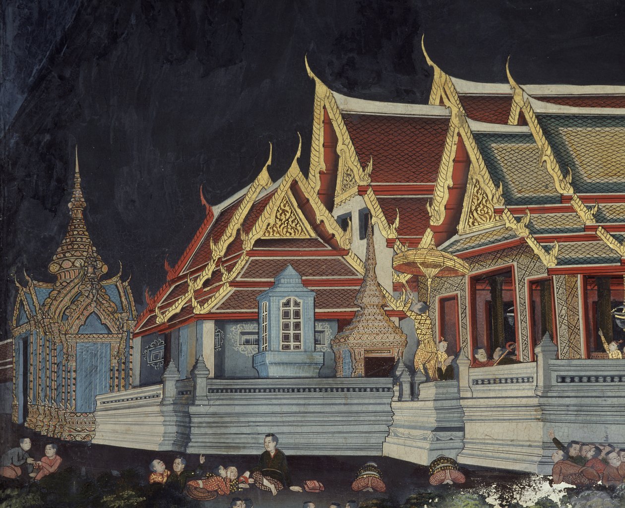 Detalj av kung Mongkut som tittar på en solförmörkelse (väggmålning) av Thai School