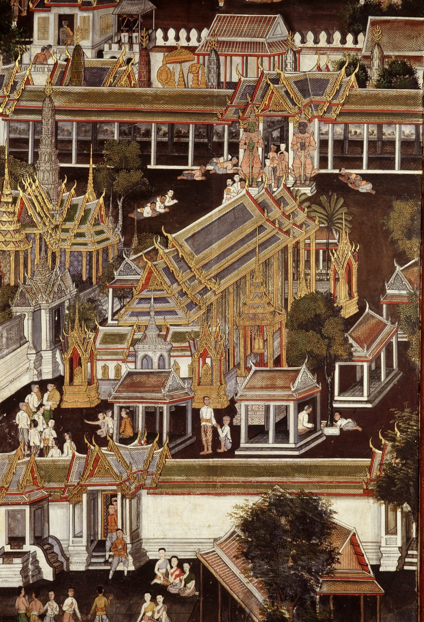 Detalj av en väggmålning föreställande Emerald Buddhas tempel (väggmålning) av Thai School