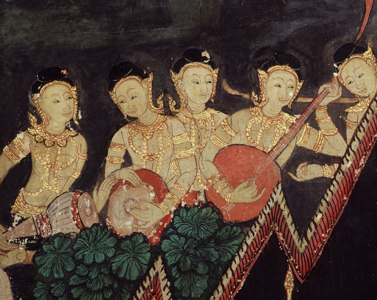 Detalj av himmelska musiker (väggmålning) av Thai School