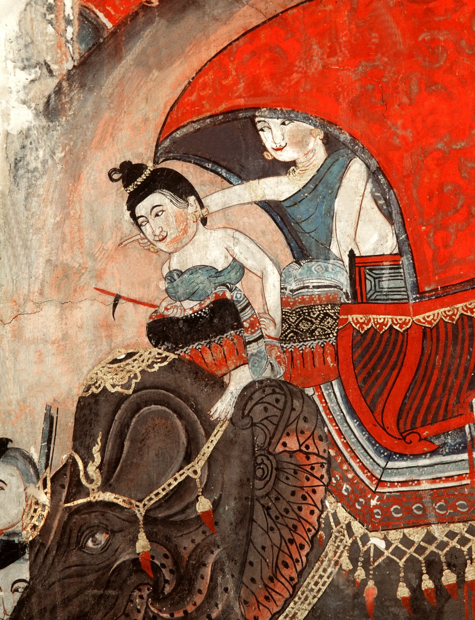 En prinsessa och skötare rider på en elefant (väggmålning) av Thai School