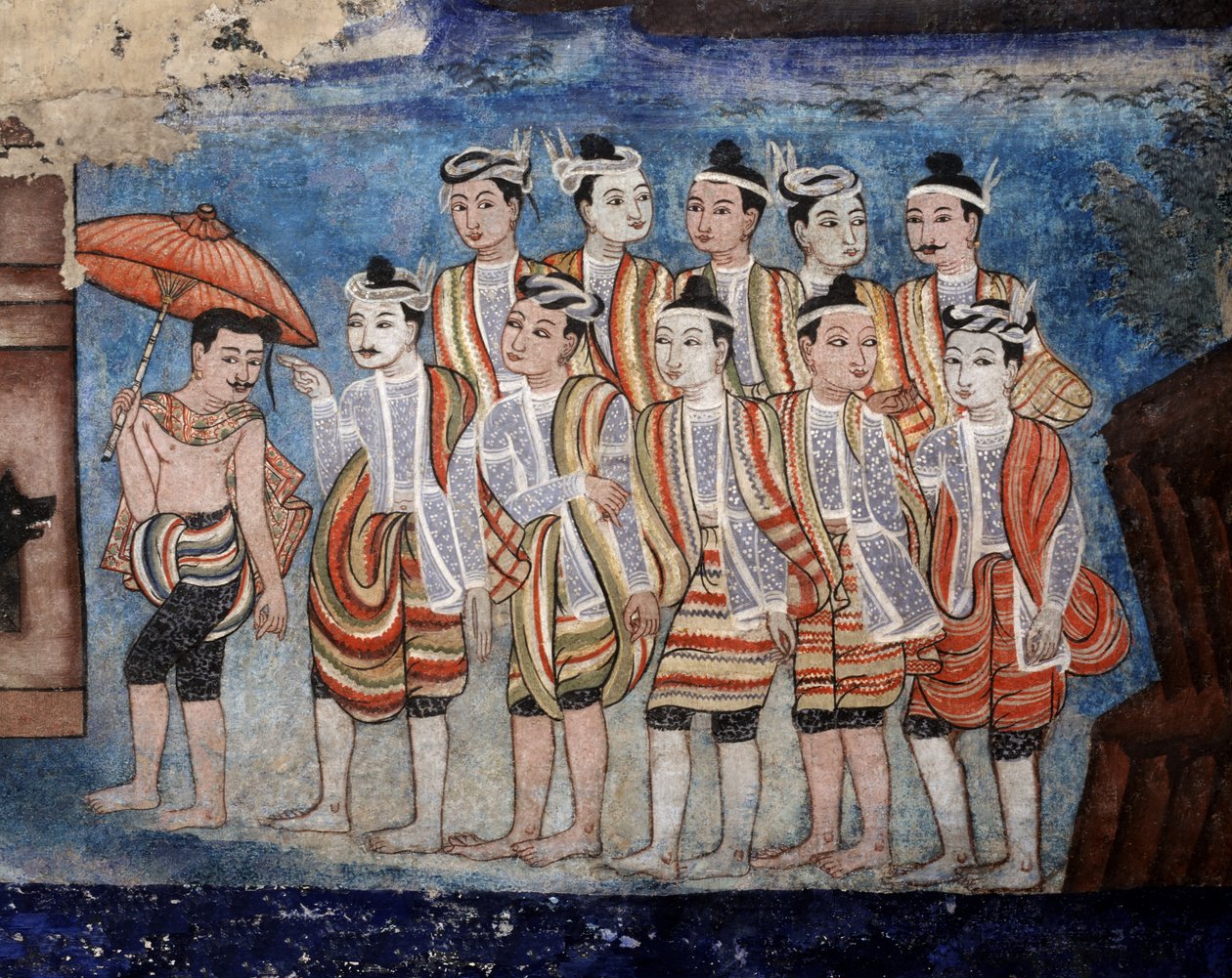 En grupp thailändska yai (Shan) män, detalj av väggmålningarna av Viharn laikam som porträtterar Sang Thong Tales (väggmålning) av Thai School
