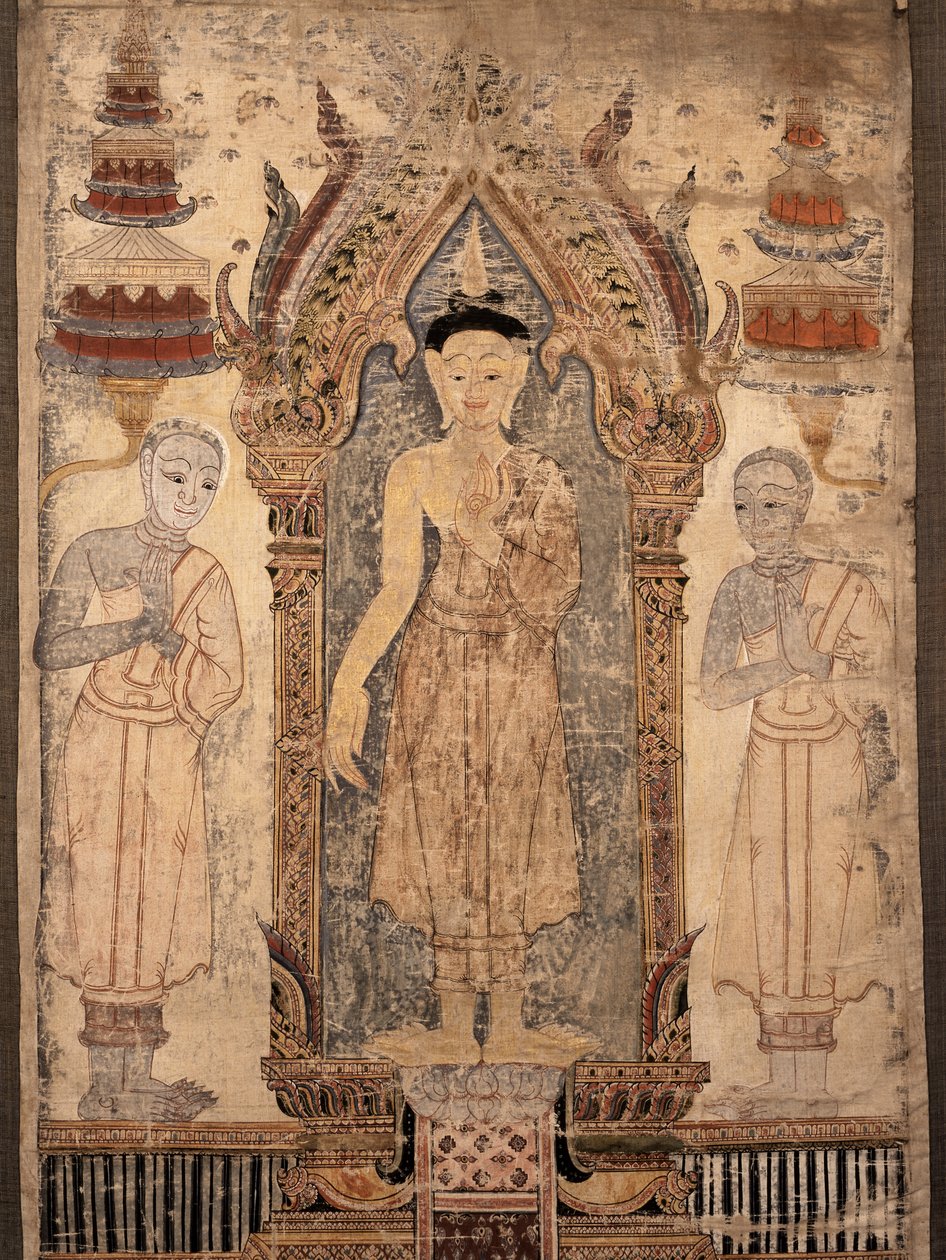 Banderoll föreställande Buddha med lärjungar, tidigt 1800-tal (målat tyg) av Thai School