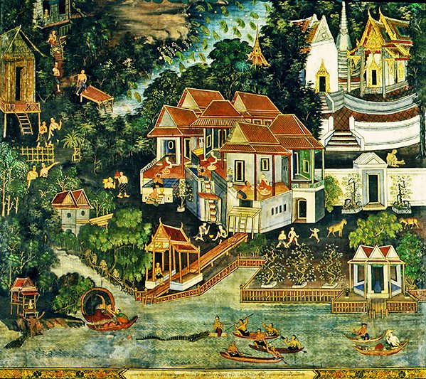 Krokodiljakt, Wirharn Sasada, Wat Bowonniwet Vihara, Bangkok (fresk) av Thai School