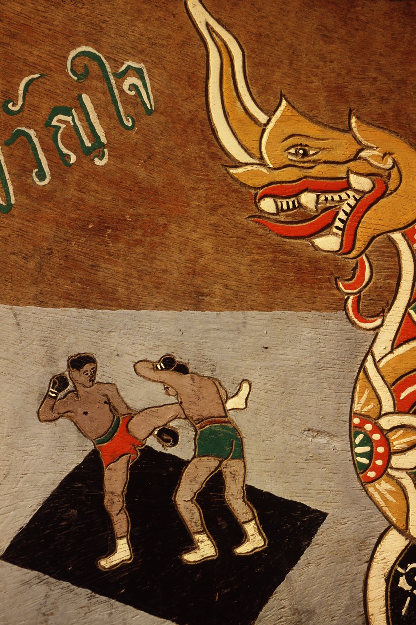 Dekoration på en oxkärra föreställande Muay Thai (färg på trä) av Thai School