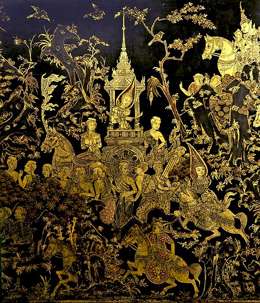 Detalj av en skärm, som visar ett avsnitt av legenden In (guld & lack) av Thai School