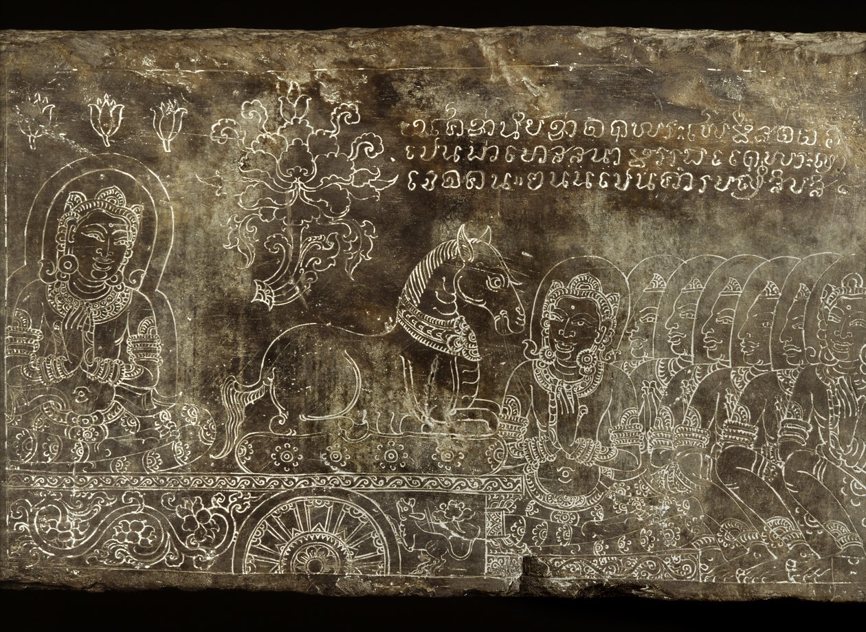 Graverad stenpanel som föreställer Bhojajania Jataka Tale, från Wat Si Chum, Sukhothai, 1300-1400-talet av Thai School