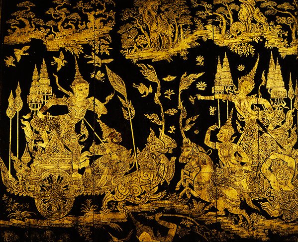 Avsnitt från Ramakien, detalj av en skärm (guld & lack) av Thai School