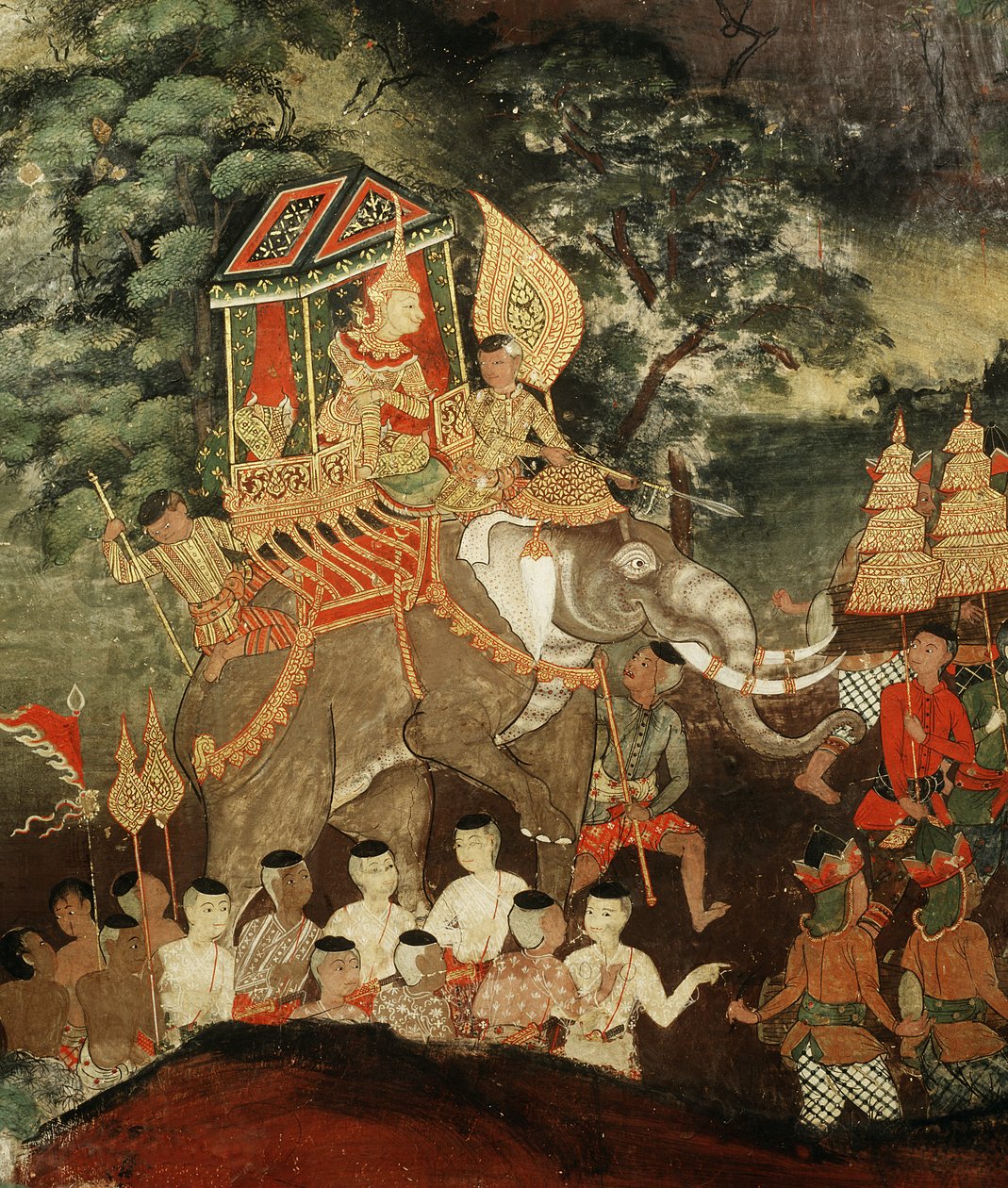 Kung Vessantara på en vit elefant möter brahminerna, scen från Vessantara Jataka, tidigt 1800-tal (målat tyg) av Thai School