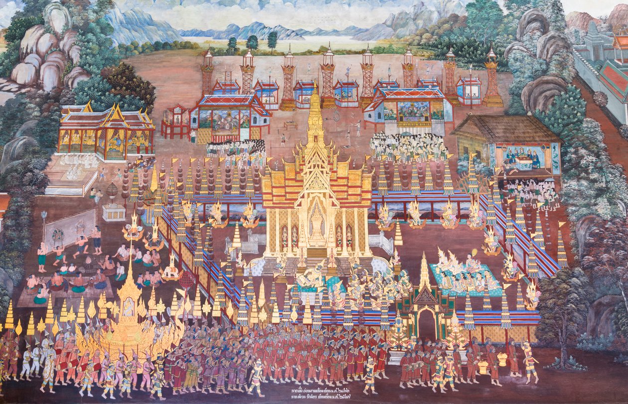 Väggmålning som visar scener från Ramayana vid Wat Phra Kaeo, Royal Grand Palace, Bangkok, Thailand av Thai School