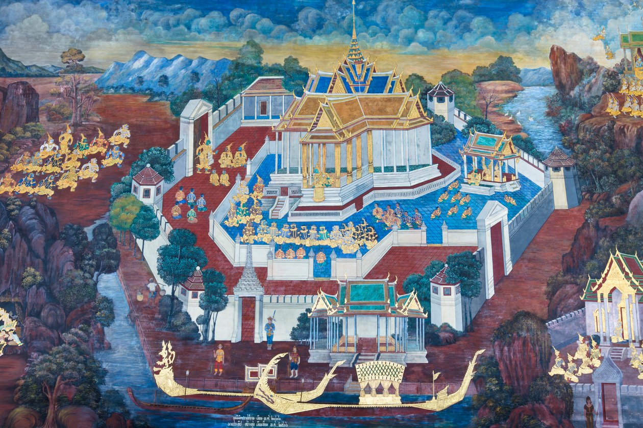 Väggmålning som visar scener från Ramayana vid Wat Phra Kaeo, Royal Grand Palace, Bangkok, Thailand av Thai School