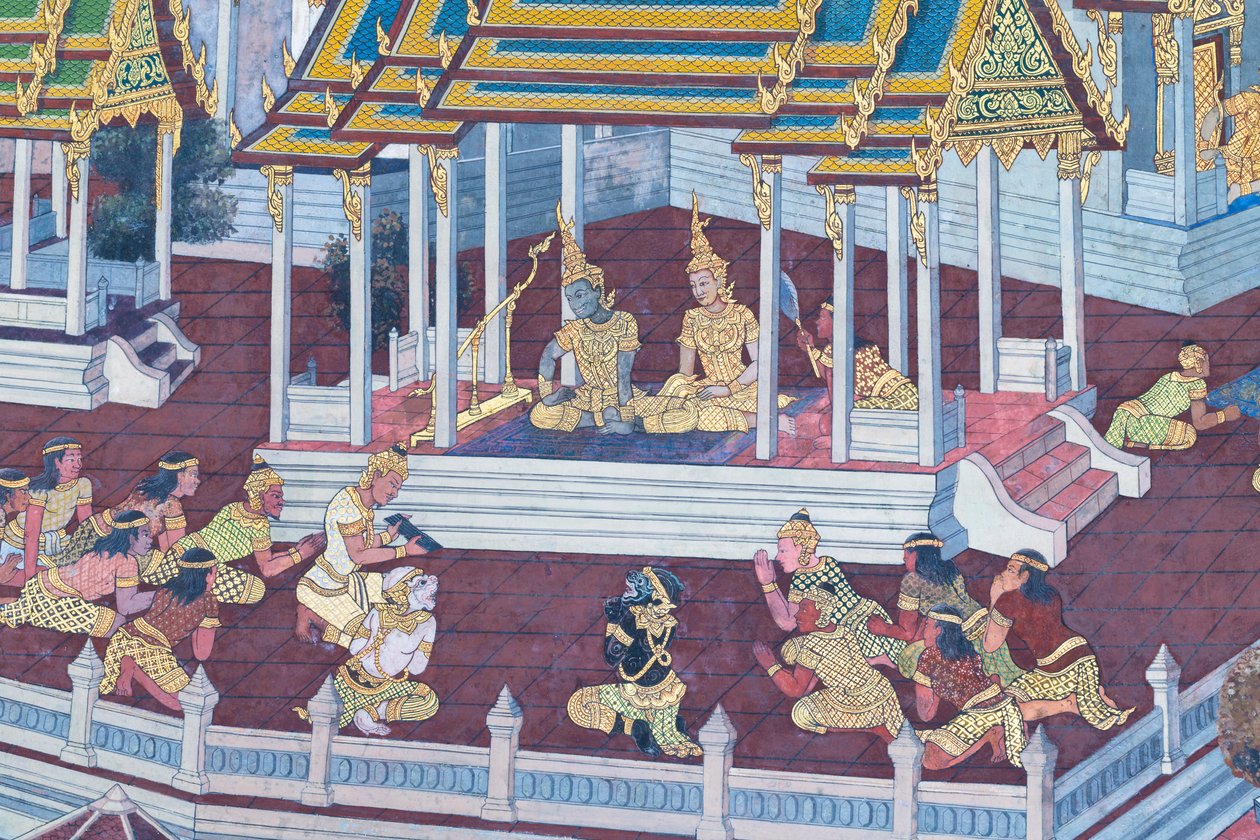 Väggmålning som visar scener från Ramayana vid Wat Phra Kaeo, Royal Grand Palace, Bangkok, Thailand av Thai School