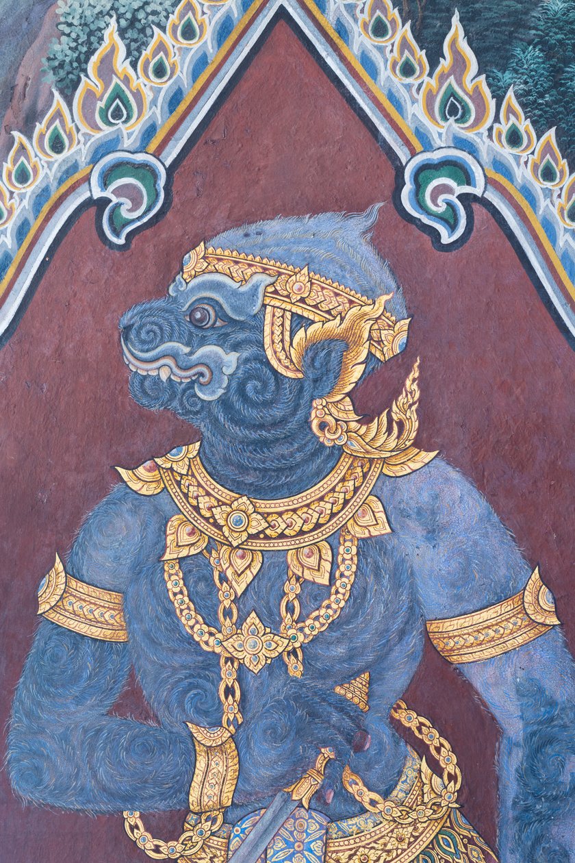 Väggmålning med scener ur Ramayana i Wat Phra Kaeo, det kungliga stora palatset, Bangkok, Thailand av Thai School