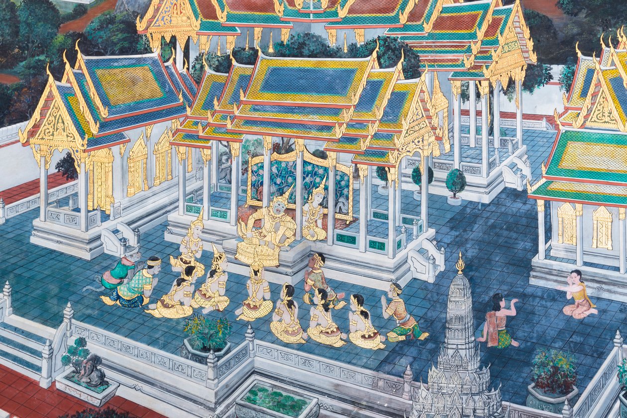 Väggmålning som visar scener från Ramayana vid Wat Phra Kaeo, Royal Grand Palace, Bangkok, Thailand av Thai School