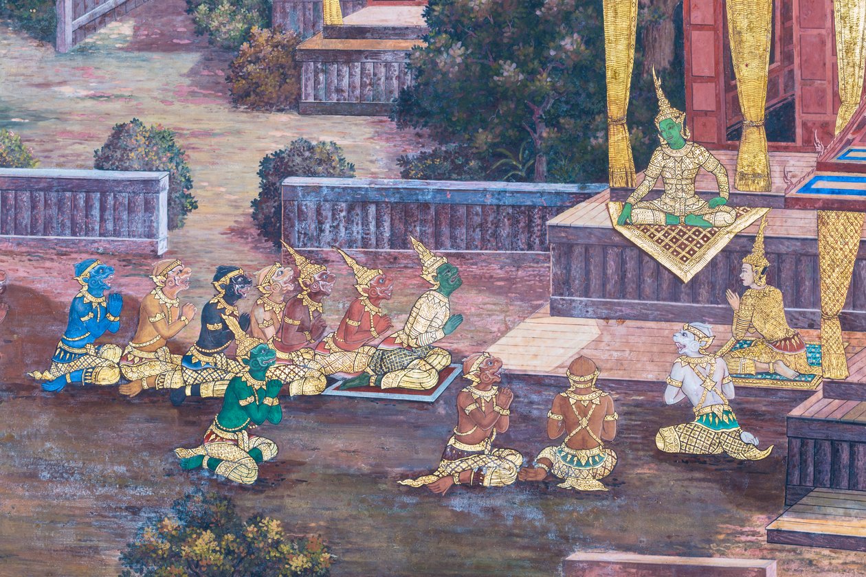Väggmålning som visar scener från Ramayana vid Wat Phra Kaeo, Royal Grand Palace, Bangkok, Thailand av Thai School