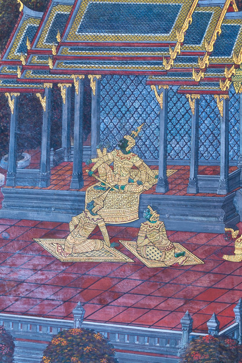 Väggmålning som visar scener från Ramayana vid Wat Phra Kaeo, Royal Grand Palace, Bangkok, Thailand av Thai School